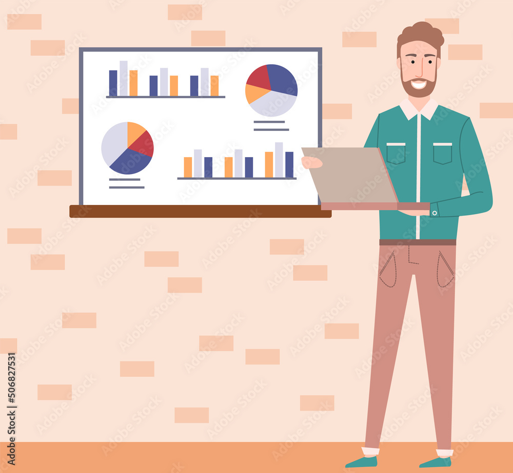 Analytics information and development statistics. Web analysis measure, product testing technology. Man analyses dashboard seo optimization, digital report. Statistical indicators and data on diagram Analytics information and development statistics. Web analysis measure, product testing technology. Man analyses dashboard seo optimization, digital report. Statistical indicators and data on diagram