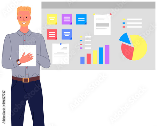 Analytics information and development statistics. Web analysis measure, product testing technology. Man analyses dashboard seo optimization, digital report. Statistical indicators and data on diagram