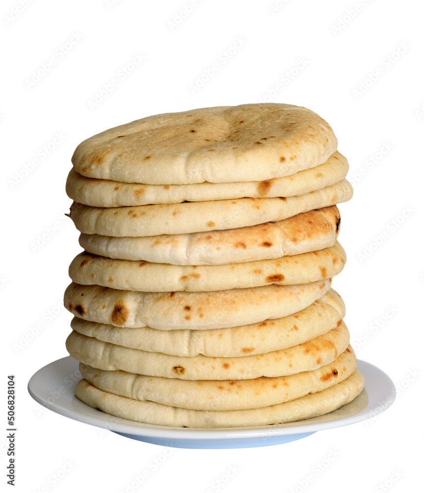 A stack of pita cake on a white plate, isolated