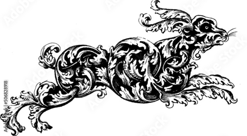 Wood print engraving style illustration of a Hare. Animal made out of floral patterns and leafy ornaments. Suitable for tattoo designs.
