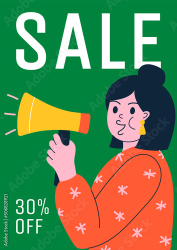 Sale banner in flat style. 30% discount. A woman on a green background screams into a bullhorn. Vector illustration.