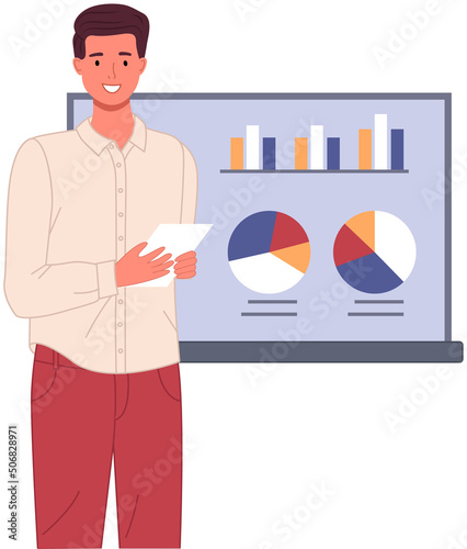 Analytics information and development statistics. Web analysis measure, product testing technology. Man analyses dashboard seo optimization, digital report. Statistical indicators and data on diagram