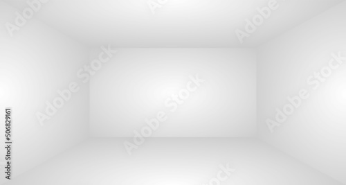Vector illustration of empty studio background. Luxury gray abstract background for product display. Volumetric empty studio room with spotlight effect backdrop. Inner box space. Gray neutral mockup.