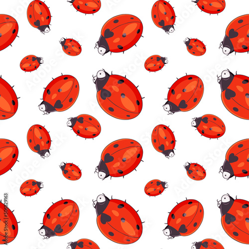 Ladybug insect seamless pattern on white background. Vector texture with winged insect.