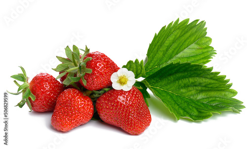 Ripe red strawberry and green leaf isolated on white background, juicy and tasty berry