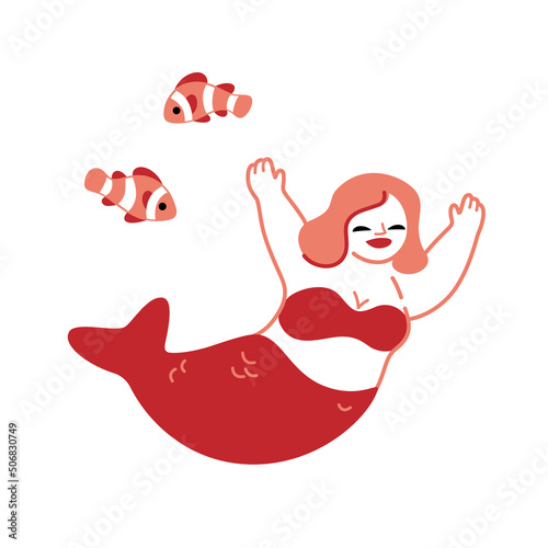 Cute mermaid character. Happy mermaid swimming in blue transparent water with fish. Vector illustration.