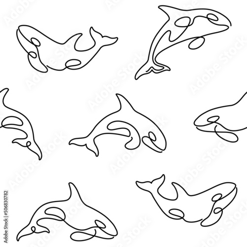 Simple seamless trendy animal pattern with orca silhouette. Contour black and white vector illustration.