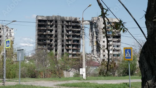destroyed and burnt house in Mariupol
