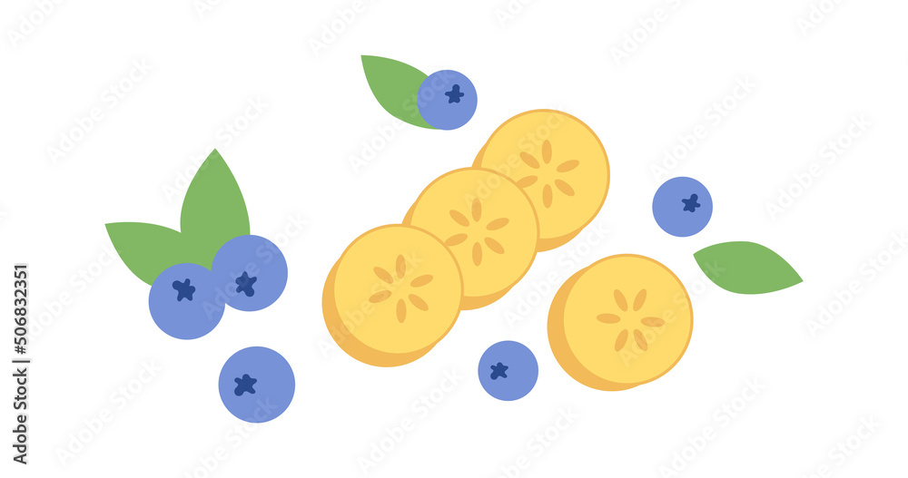 Sliced bananas with blueberries. Vector illustration Sliced bananas with blueberries. Vector illustration