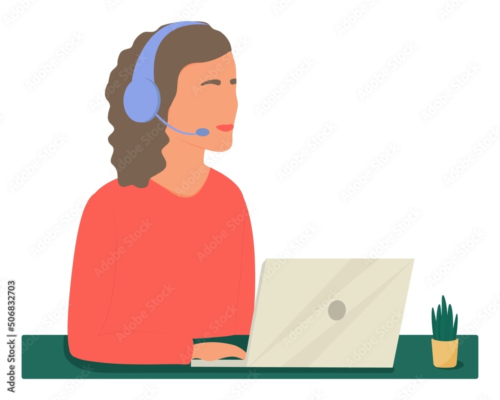 girl in headphones with a microphone. sitting at her laptop. dispatcher, conference, online call, call center.