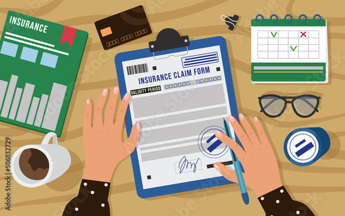 Female insurance agent fills out an insurance claim form. View of the desktop workspace from above. Magazine, calendar, glasses, printing, credit card, papers, cup of coffee. Vector illustration