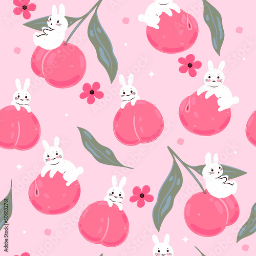 Seamless pattern with cute rabbits and peaches. Vector graphics.