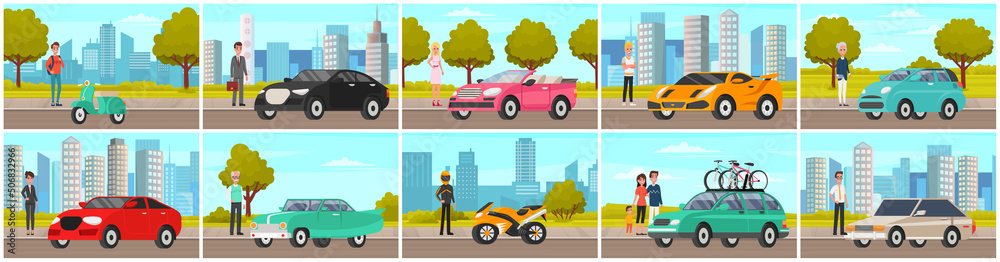 Women and man of different generations next to their personal transport. Stages of development of lady, adolescence, maturity, old age. Elderly, adult and young people standing near automobiles, cars