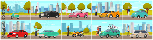 Women and man of different generations next to their personal transport. Stages of development of lady, adolescence, maturity, old age. Elderly, adult and young people standing near automobiles, cars