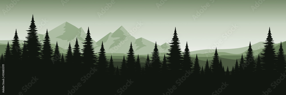 Fototapeta premium mountain landscape scenery flat design vector illustration good for wallpaper, banner, background, backdrop, adventure design, tourism, and design template