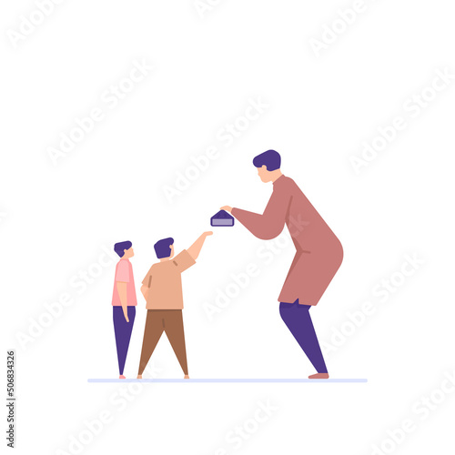 donations for children. alms or giving zakat. a man gives food aid or takjil to break the fast. iftar. share sustenance to orphans. flat cartoon character illustration. concept design. element