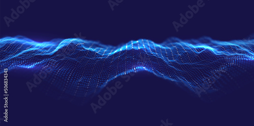 Abstract blue particle background. Flow wave with dot landscape. Digital data structure. Future mesh or sound grid. Pattern point visualization. Technology vector illustration.
