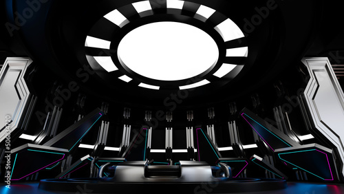 Fototapeta Naklejka Na Ścianę i Meble -  Podium in spaceship or space station interior, Sci Fi tunnel, stage for product presentation, 3D rendering.