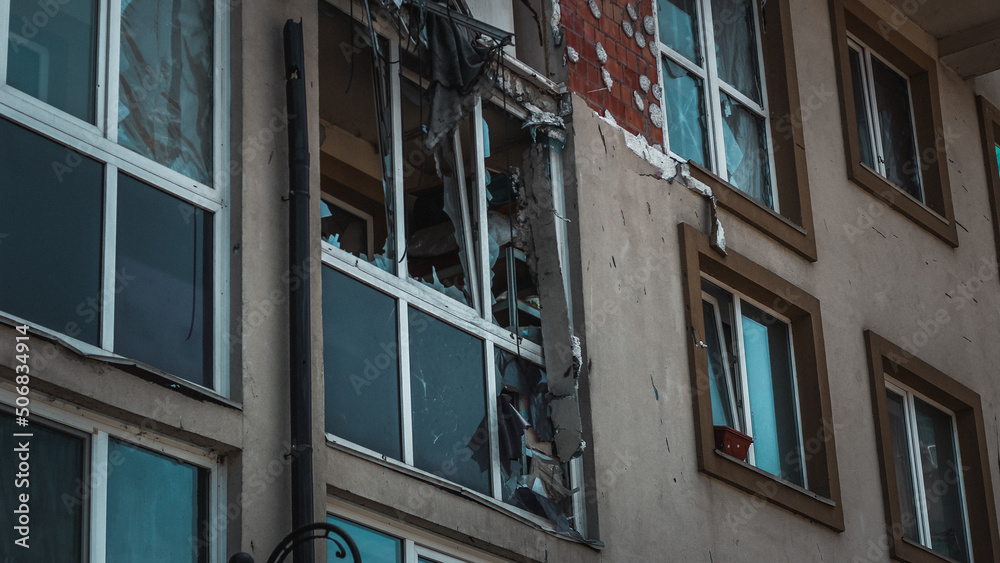 Irpin, Kyiv Oblast, Ukraine - 19.05.2022: Cities of Ukraine after the Russian occupation. burnt and destroyed civilian building in city of Irpin, northwest of Kyiv. close up