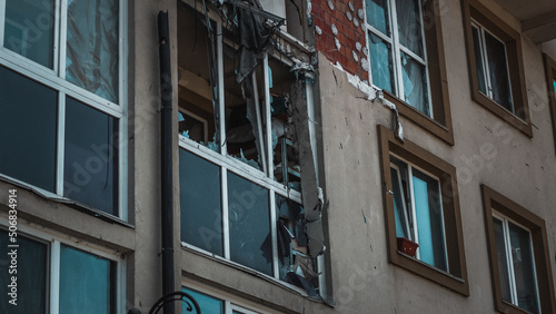 Obraz na płótnie Irpin, Kyiv Oblast, Ukraine - 19.05.2022: Cities of Ukraine after the Russian occupation. burnt and destroyed civilian building in city of Irpin, northwest of Kyiv. close up w salonie
