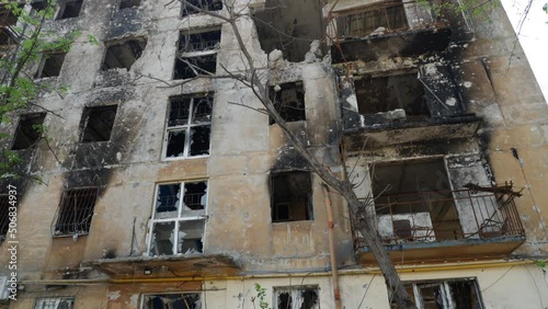 destroyed and burnt house in Mariupol