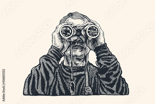 A man with binoculars looks into the distance. Hand Drawn Character. Engraving Style. Vector Illustration