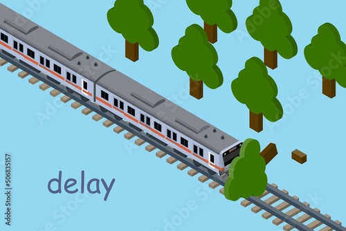 倒木により電車が遅延しているイメージのアイソメトリックバナーイラスト、主線、フレームなし。.