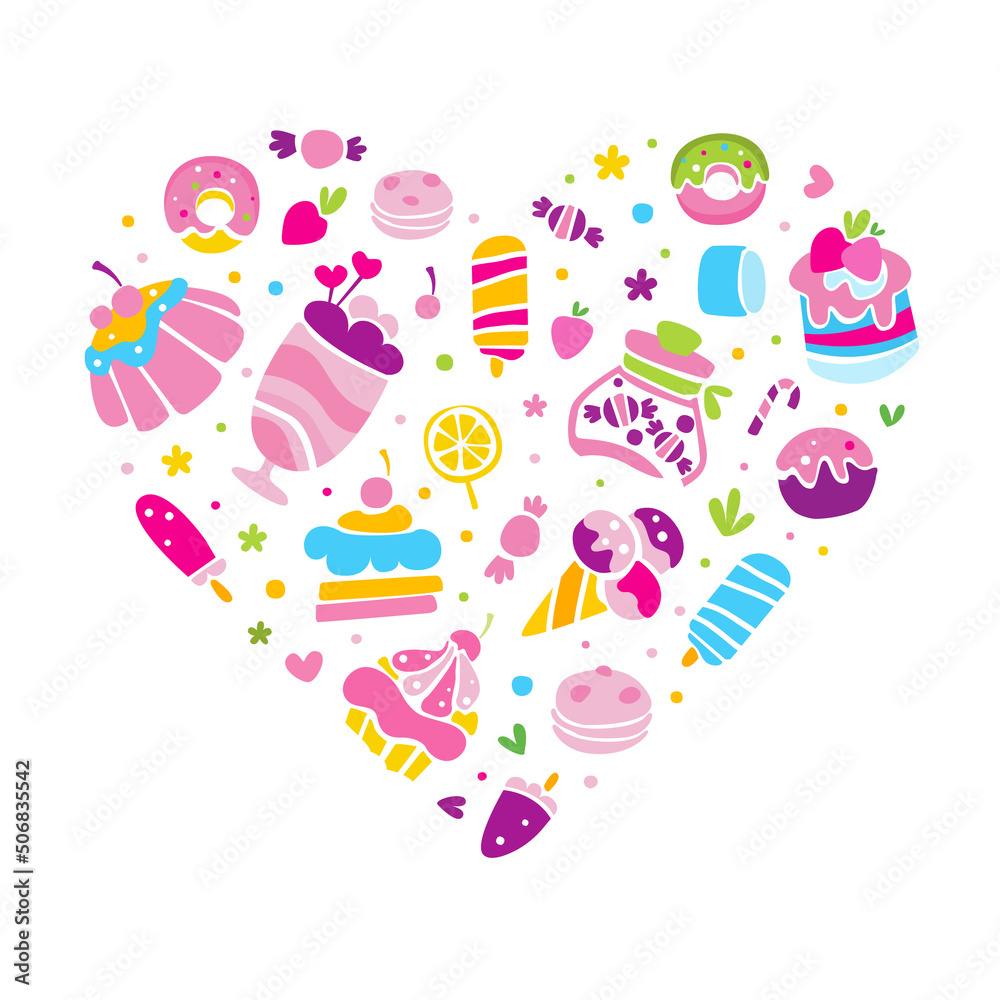 Sweets Hand Drawn Cake, Cupcake and Ice Cream Dessert Vector Heart Arrangement