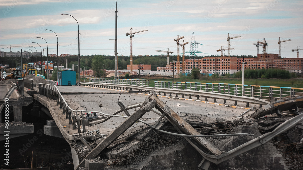 Irpin, Kyiv region, Ukraine - 19.05.2022: Cities of Ukraine after the Russian occupation. destroyed bridge during the evacuation from the city of Irpin, northwest of Kyiv