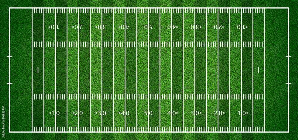 Realistic American football field background top view with grass texture. Sport playground with white lines layout and turf pattern. Standard stadium vector illustration. Match arena