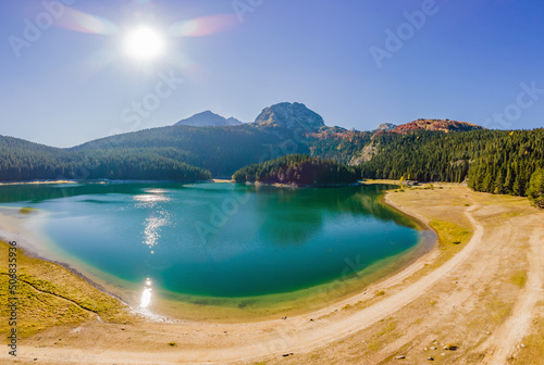 Aerial view on Black lake in National park Durmitor. Montenegro. Travel around Montenegro concept