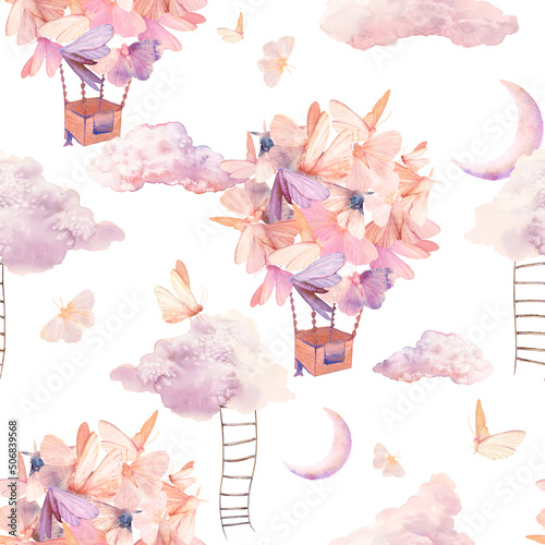 Watercolor seamless pattern with flying butterfly, clouds, moon, air balloons. Baby girl style wallpaper design. Hand drawn fairytale repeating background