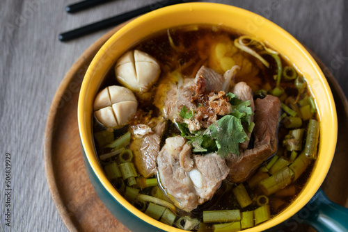 Braised pork kaolao with morning glory and sprouts, local Thai food