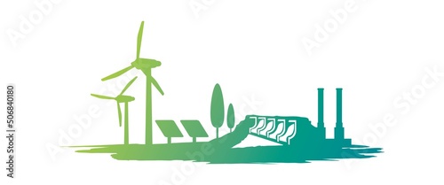 Renewable energy Logo with wind turbine, solar panel, generator isolated on white background, Banner design elements for sustainable energy