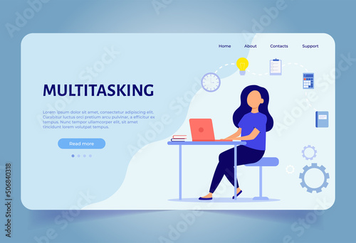 Business woman is sitting at the table working with laptop. Multitasking