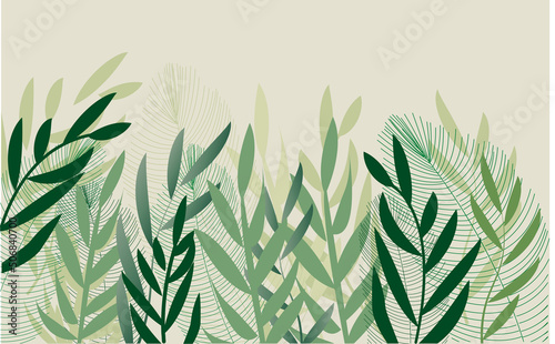 Abstract background  art green leaves. hand draw outline green and white outline leaves and brush strokes. Vector background for wall decoration, banner, postcard, poster or brochure