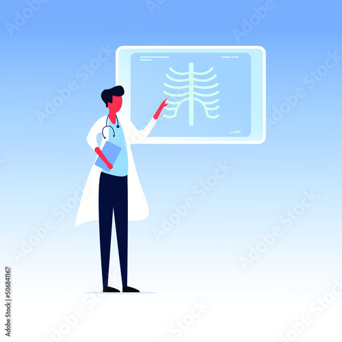 Doctor standing around a x-ray image of chest. Medical examination of human body and treatment. Skeleton of person. Vector illustration in cartoon style