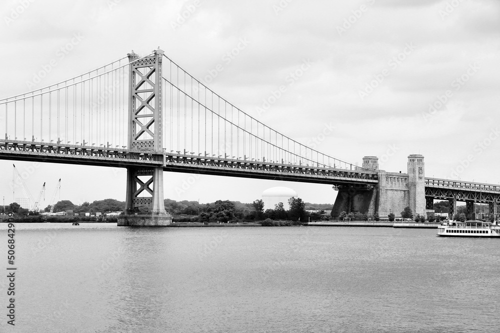 Ben Franklin bridge, Philadelphia. Black and white vintage style photo.