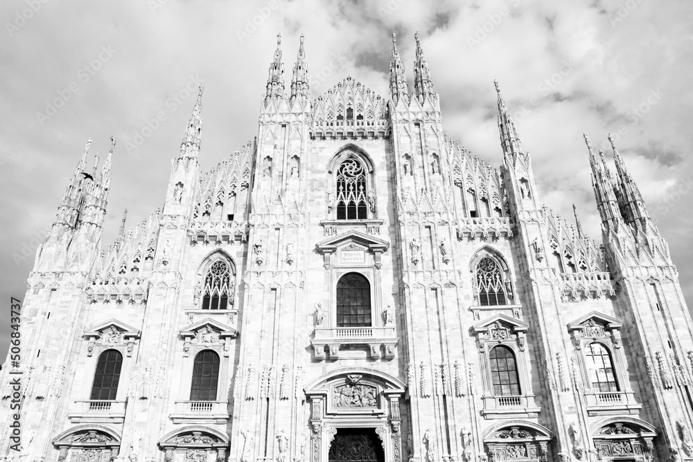 Milan cathedral, Italy. Black and white vintage style photo.