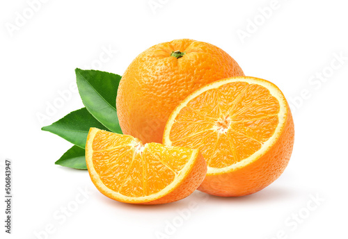 Orange fruit with cut in half and slices isolated on white background.