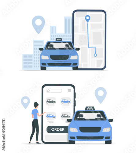 Taxi cab service. Colored vector flat illustration. Isolated on white background.