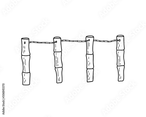 Bamboo sticks and rope fence of Japanese garden equipment vector illustration, outline black and white image, oriental culture decorative design element