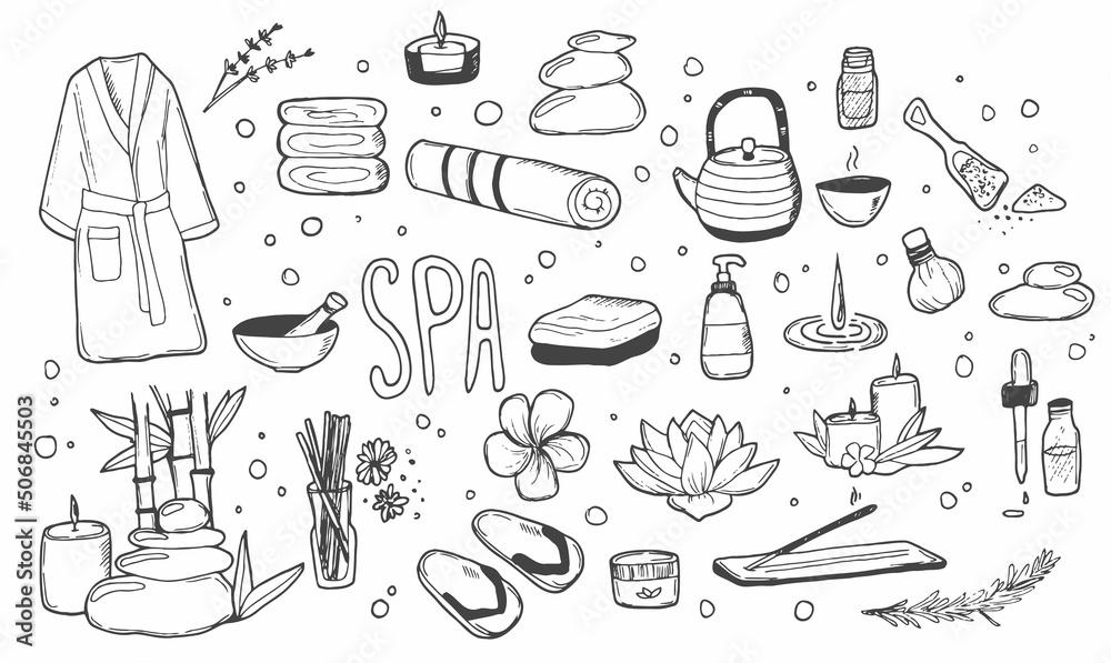 Spa Doodle Set. Hand drawn aromatherapy, body care, beauty salon and thai massage accessories. Vector drawings isolated on white background.