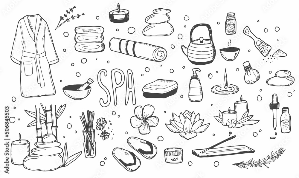 Spa Doodle Set. Hand drawn aromatherapy, body care, beauty salon and thai massage accessories. Vector drawings isolated on white background. Spa Doodle Set. Hand drawn aromatherapy, body care, beauty salon and thai massage accessories. Vector drawings isolated on white background.