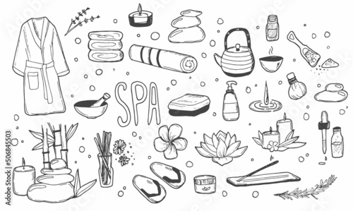 Spa Doodle Set. Hand drawn aromatherapy, body care, beauty salon and thai massage accessories. Vector drawings isolated on white background.