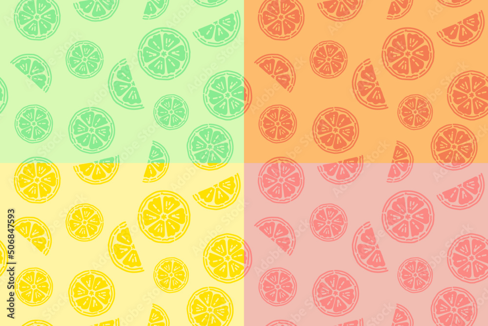 Slices of a citrus fruits background collection. Doodle summer pattern, multi color flat design seamless designs.
