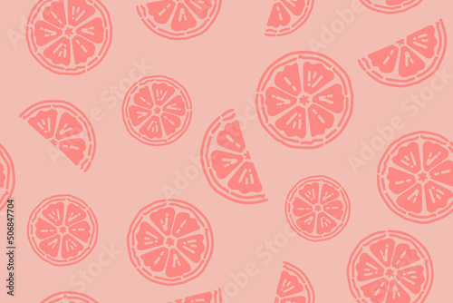 Grapefruit Slices doodle summer pattern, pink flat design color seamless background. Citrus fruit pattern