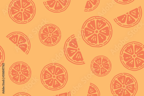 Seamless bright orange pattern with Fresh oranges and tangerines Slices. For menu and cafes, fabric, drawing labels, tshirt prints, restaurants, fruit background. 