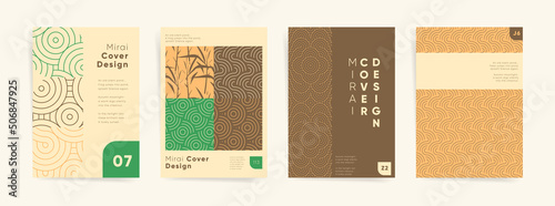 Geometric asian design template set. Japanese nature, wave oriental eclecticism for poster, brochure, book cover, flyer, catalog, notebook, vertical background. Minimal  retro vector mangala.