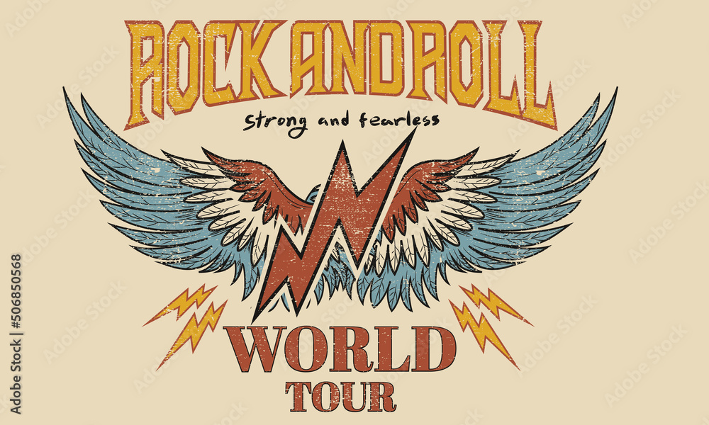 Rock and roll vintage t shirt design. Thunder with eagle wing vector  artwork for apparel, stickers, posters, background and others. Rock tour  vintage artwork. Stock Vector | Adobe Stock